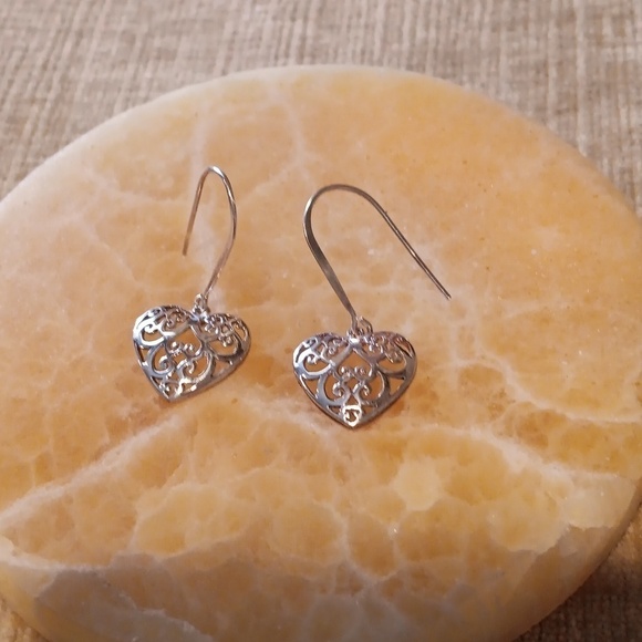 925 Silver French Wire Heart Cutout Dangle Earrings - Picture 3 of 8